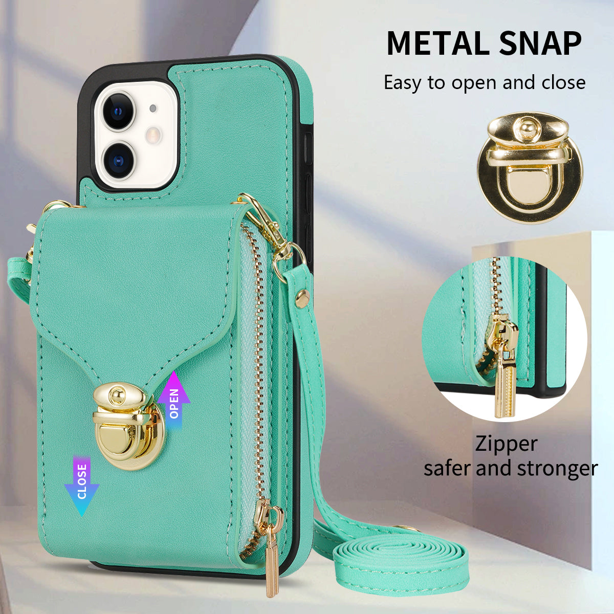 Zipper Phone Cover for iPhone 12 / 12 Pro 6.1 inch , PU Leather Coated TPU Card Holder Kickstand Case