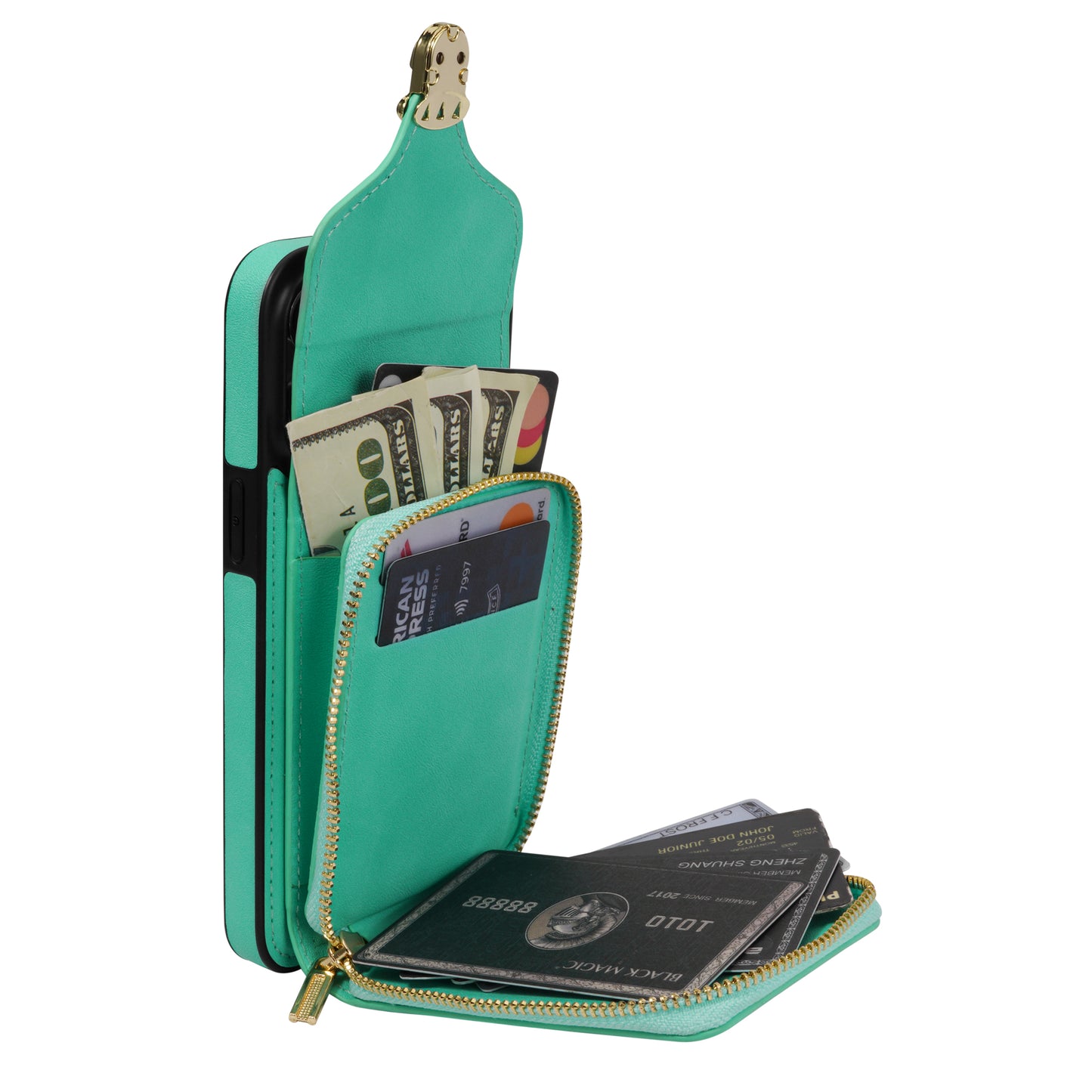 For iPhone 13 mini 5.4 inch Crossbody Card Holder Bag Phone Case PU Leather Coated TPU Kickstand Zipper Cover