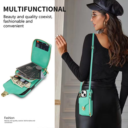 For iPhone 13 mini 5.4 inch Crossbody Card Holder Bag Phone Case PU Leather Coated TPU Kickstand Zipper Cover