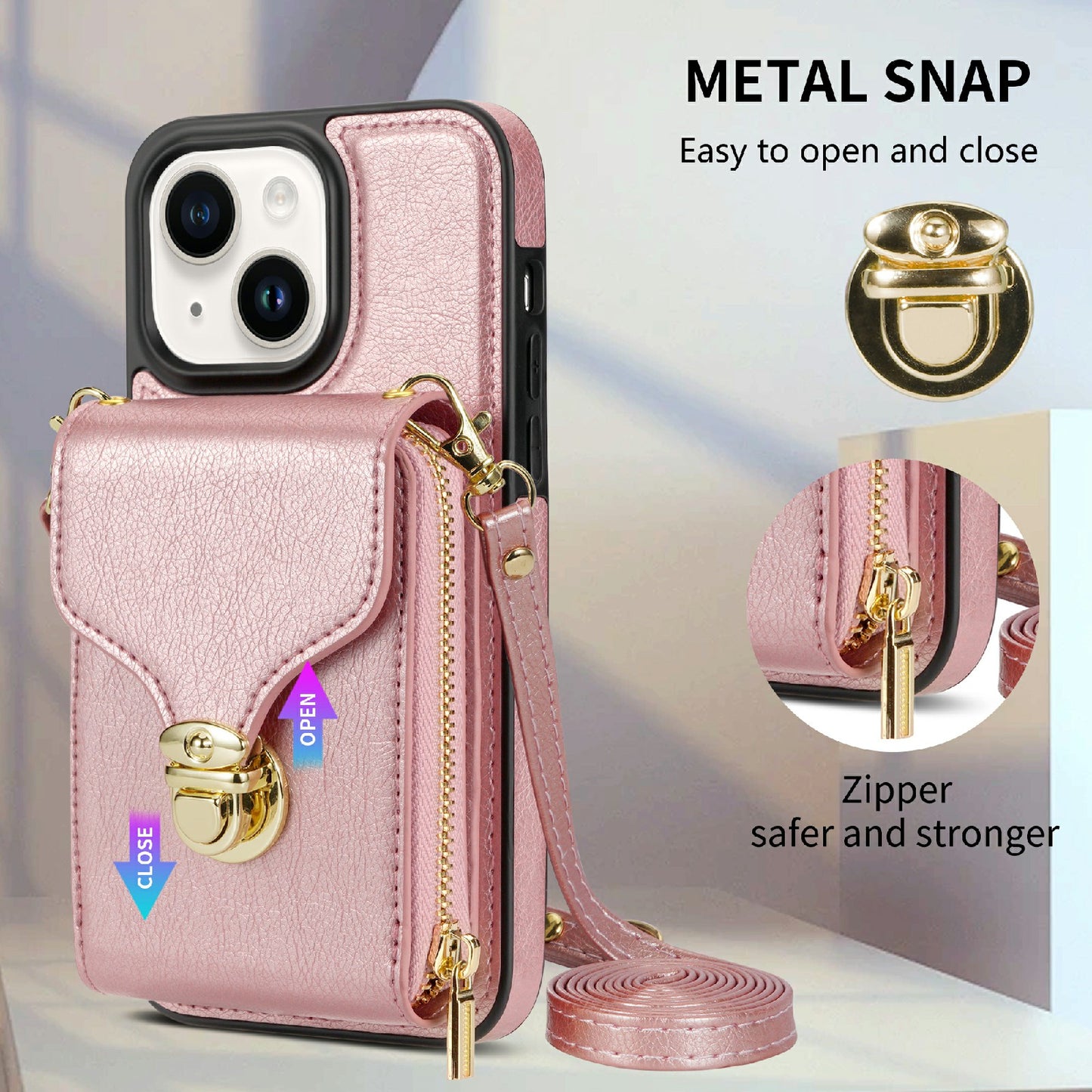 For iPhone 13 mini 5.4 inch Crossbody Card Holder Bag Phone Case PU Leather Coated TPU Kickstand Zipper Cover