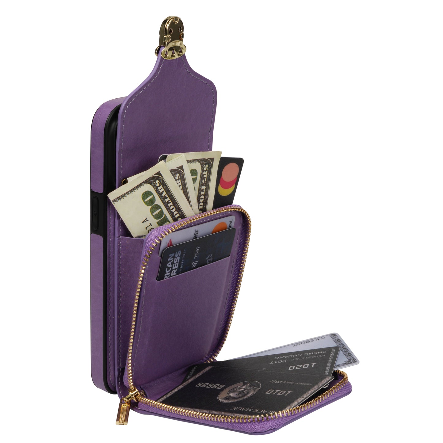 For iPhone 13 mini 5.4 inch Crossbody Card Holder Bag Phone Case PU Leather Coated TPU Kickstand Zipper Cover