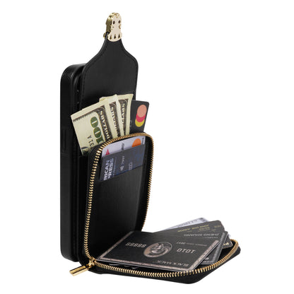 For iPhone 13 6.1 inch PU Leather Coated TPU Card Slot Case Kickstand Zipper Phone Cover with Long Lanyard