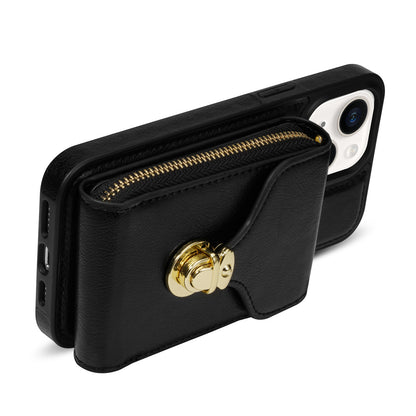 For iPhone 13 6.1 inch PU Leather Coated TPU Card Slot Case Kickstand Zipper Phone Cover with Long Lanyard