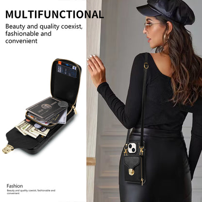 For iPhone 13 6.1 inch PU Leather Coated TPU Card Slot Case Kickstand Zipper Phone Cover with Long Lanyard