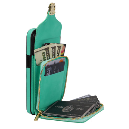 For iPhone 13 6.1 inch PU Leather Coated TPU Card Slot Case Kickstand Zipper Phone Cover with Long Lanyard