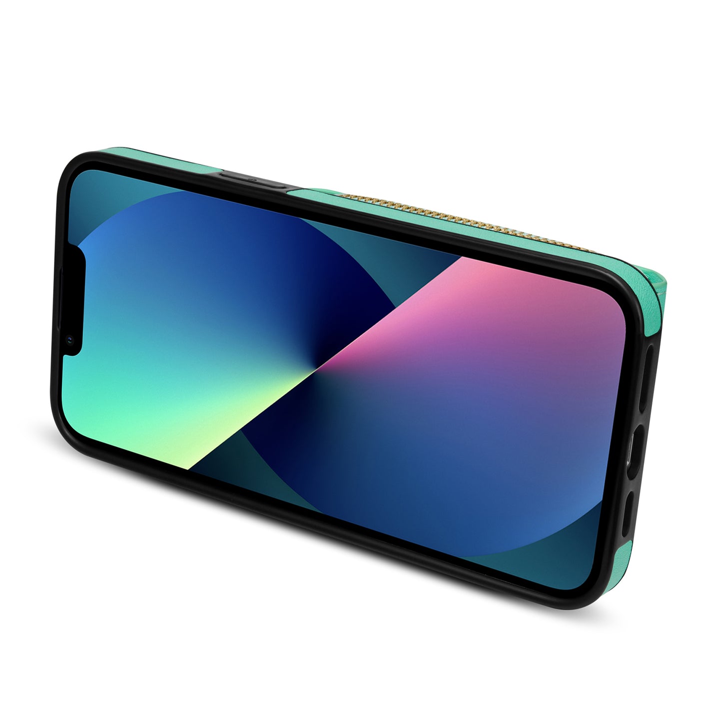 For iPhone 13 6.1 inch PU Leather Coated TPU Card Slot Case Kickstand Zipper Phone Cover with Long Lanyard