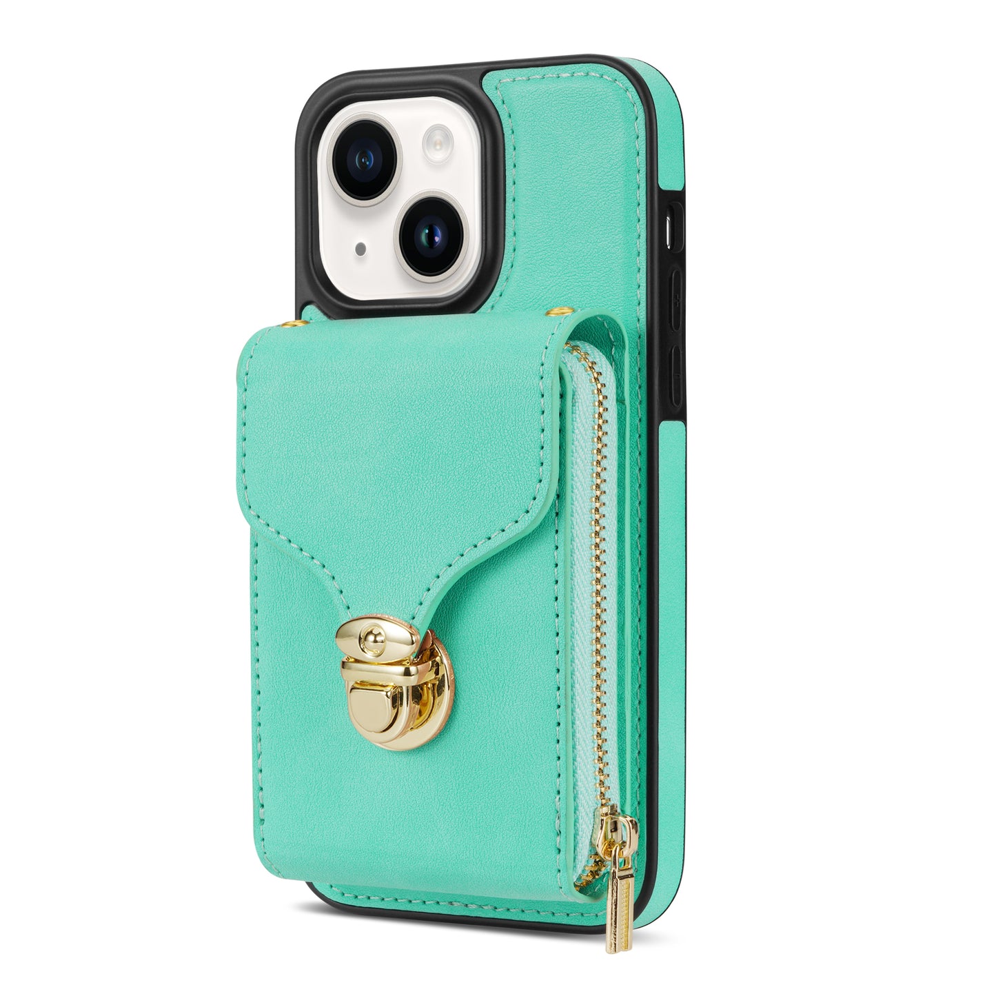 For iPhone 13 6.1 inch PU Leather Coated TPU Card Slot Case Kickstand Zipper Phone Cover with Long Lanyard