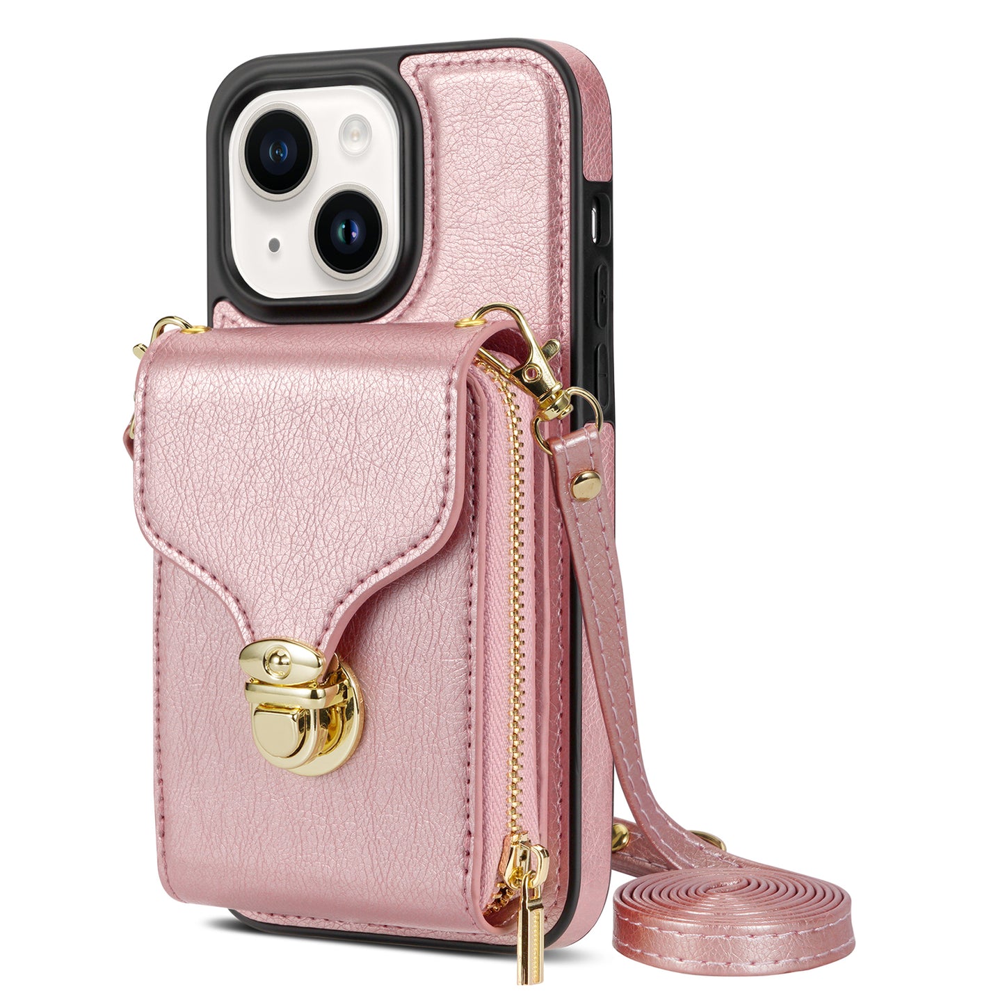 For iPhone 13 6.1 inch PU Leather Coated TPU Card Slot Case Kickstand Zipper Phone Cover with Long Lanyard