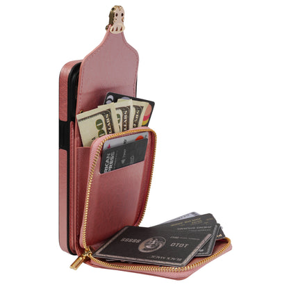 For iPhone 13 6.1 inch PU Leather Coated TPU Card Slot Case Kickstand Zipper Phone Cover with Long Lanyard