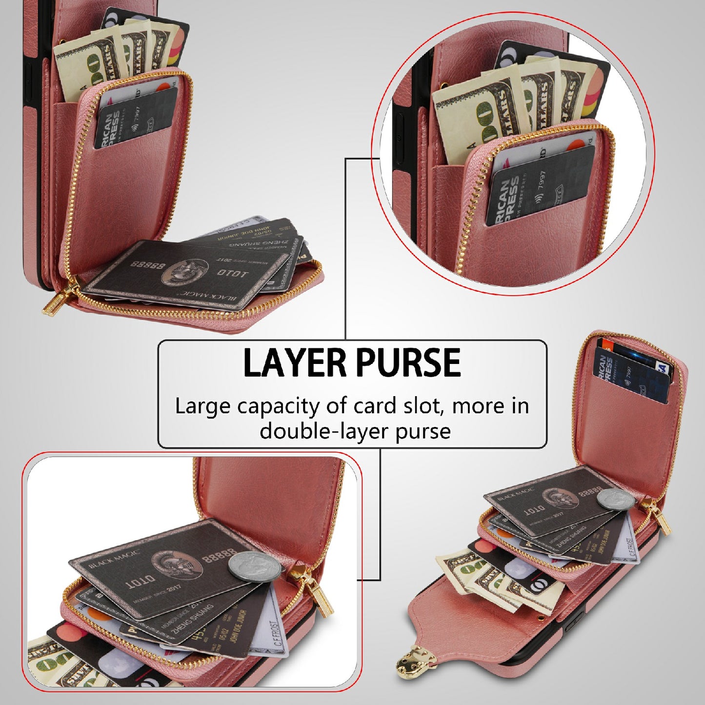 For iPhone 13 6.1 inch PU Leather Coated TPU Card Slot Case Kickstand Zipper Phone Cover with Long Lanyard