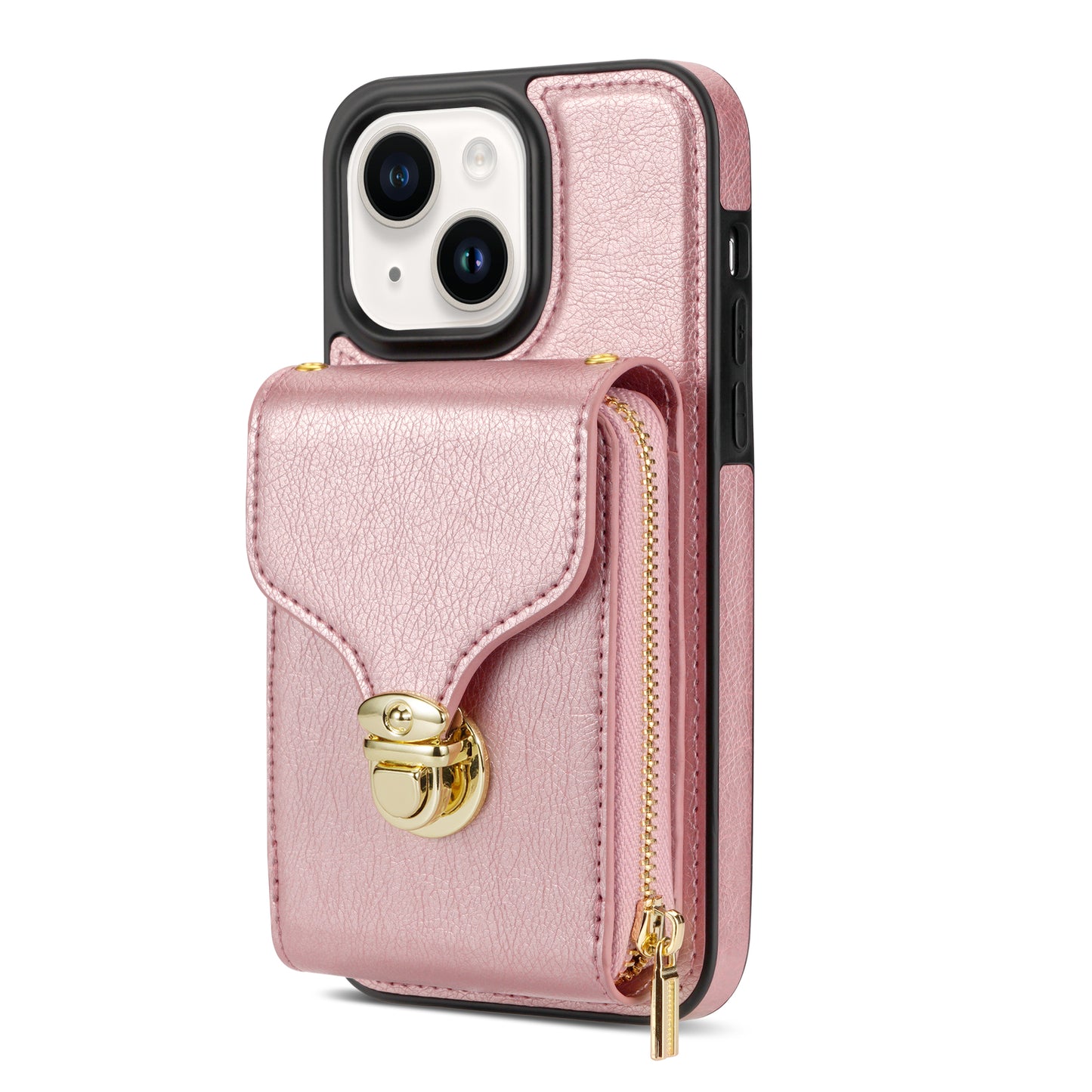 For iPhone 13 6.1 inch PU Leather Coated TPU Card Slot Case Kickstand Zipper Phone Cover with Long Lanyard