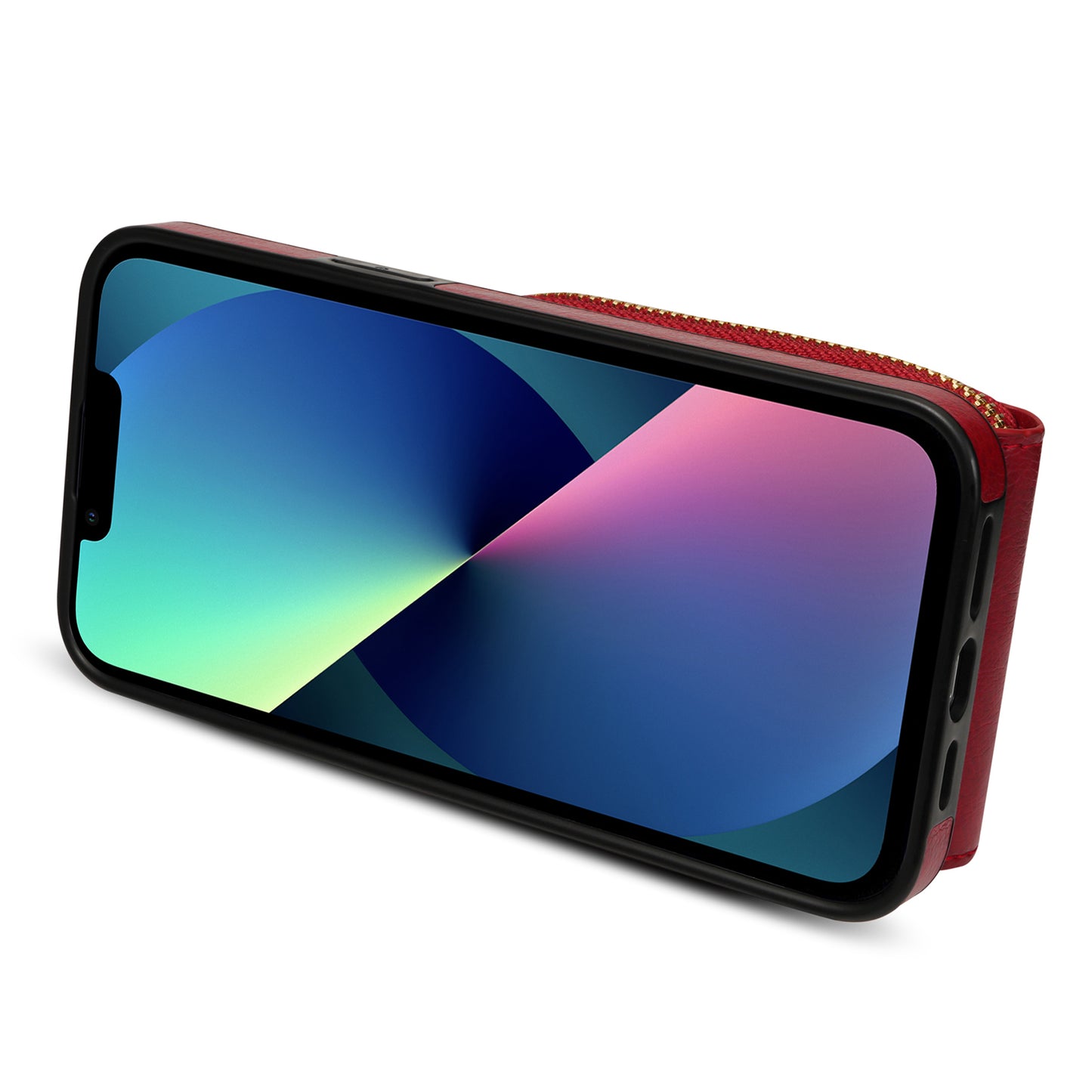 For iPhone 13 6.1 inch PU Leather Coated TPU Card Slot Case Kickstand Zipper Phone Cover with Long Lanyard