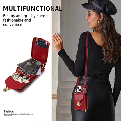 For iPhone 13 6.1 inch PU Leather Coated TPU Card Slot Case Kickstand Zipper Phone Cover with Long Lanyard