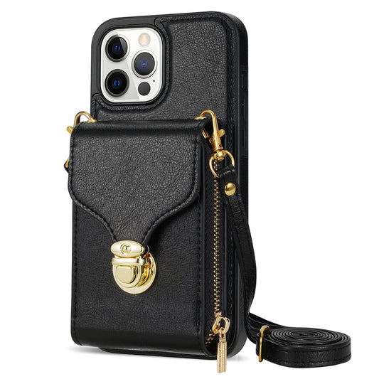 For iPhone 13 Pro 6.1 inch PU Leather + TPU Back Case Zipper Card Holder Kickstand Phone Cover with Shoulder Strap