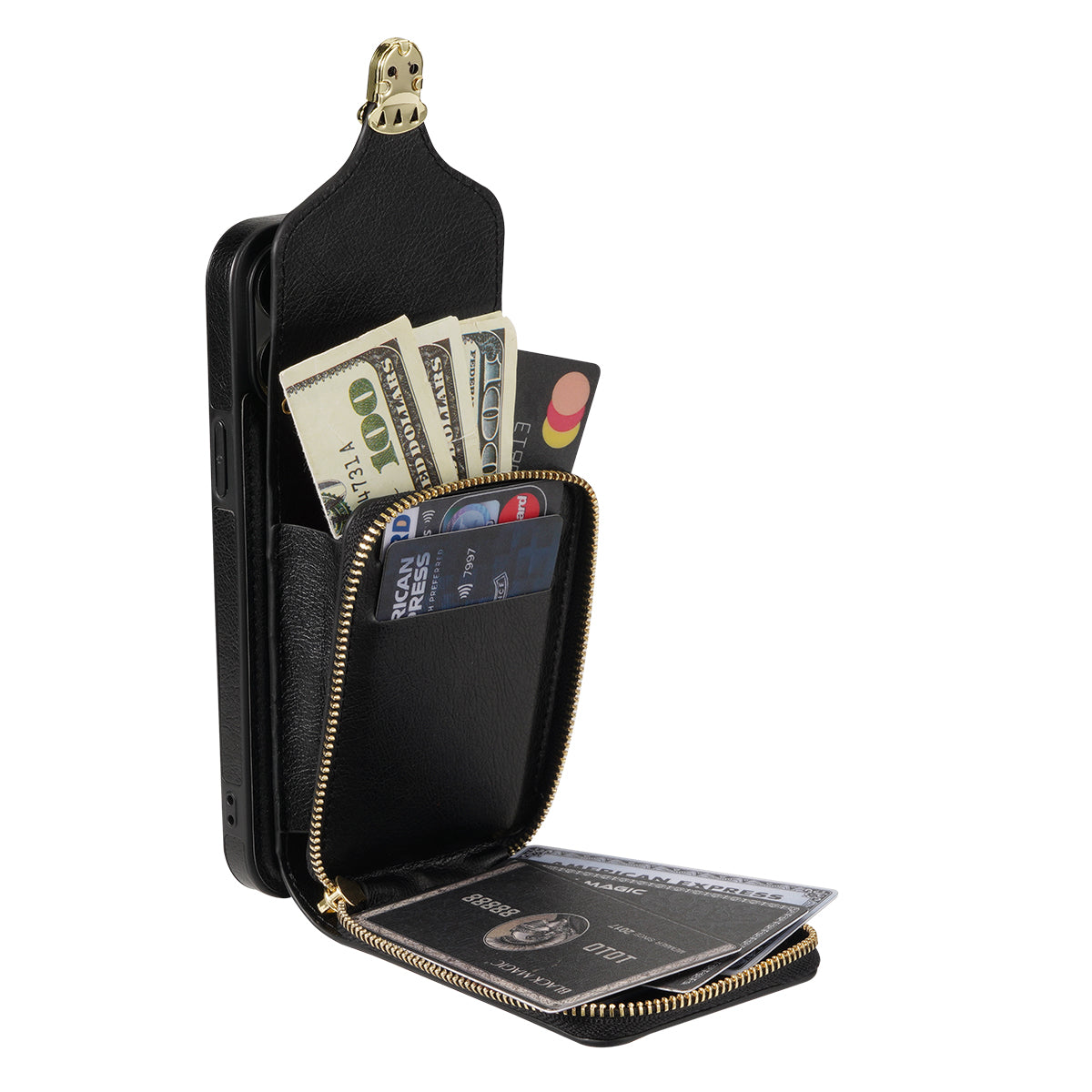 For iPhone 13 Pro 6.1 inch PU Leather + TPU Back Case Zipper Card Holder Kickstand Phone Cover with Shoulder Strap