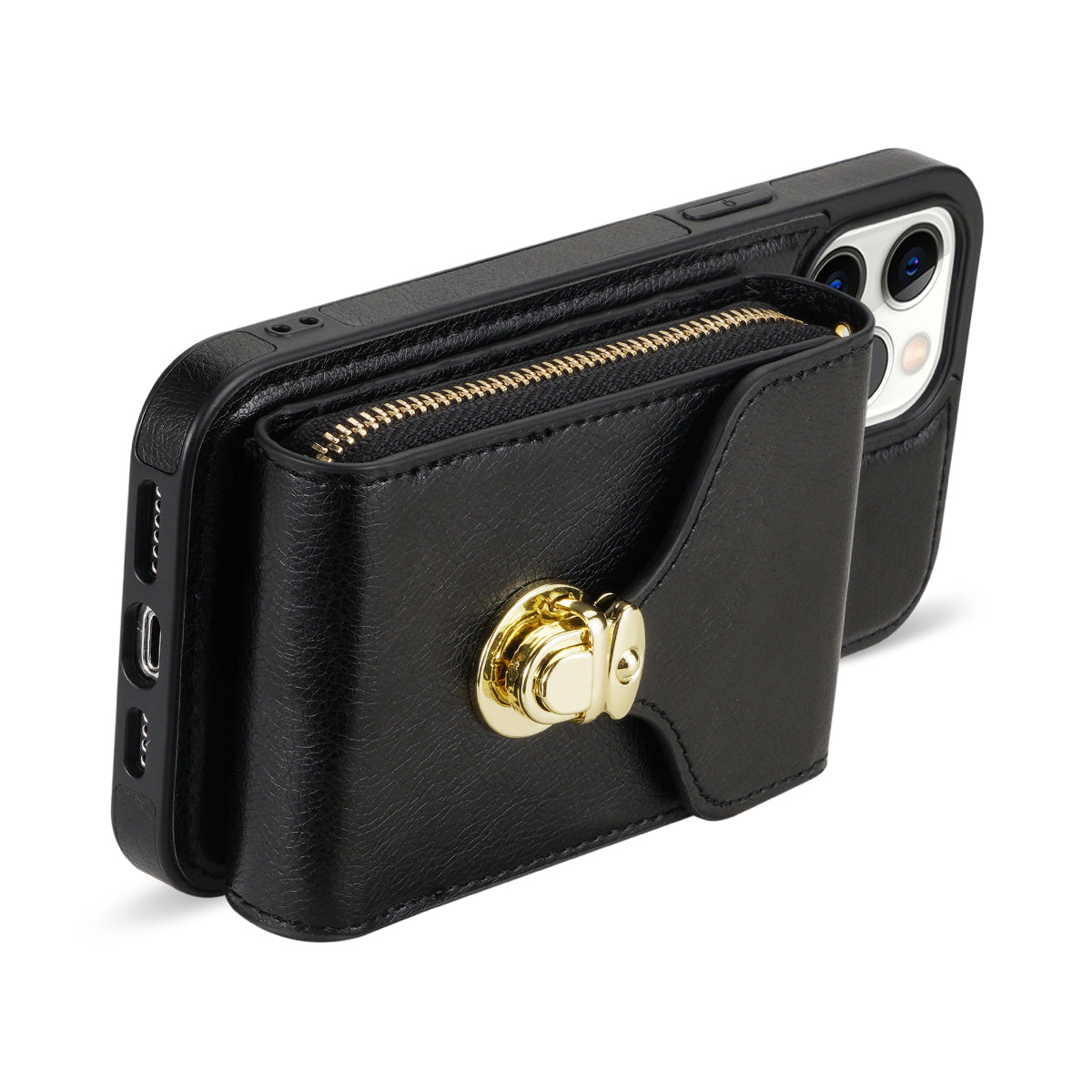 For iPhone 13 Pro 6.1 inch PU Leather + TPU Back Case Zipper Card Holder Kickstand Phone Cover with Shoulder Strap