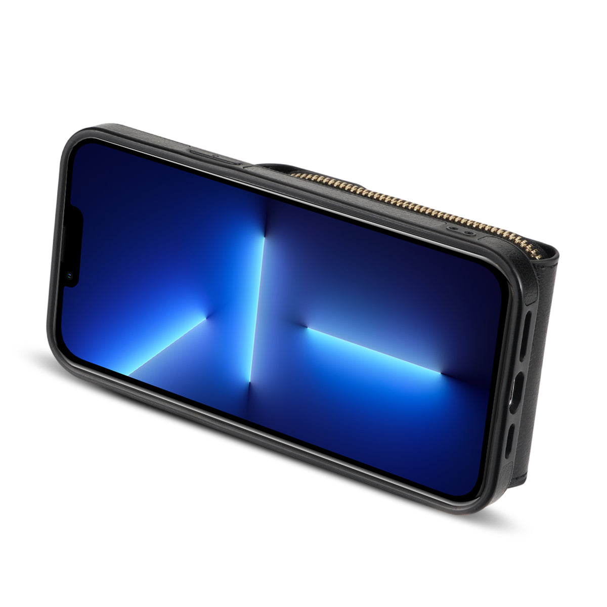 For iPhone 13 Pro 6.1 inch PU Leather + TPU Back Case Zipper Card Holder Kickstand Phone Cover with Shoulder Strap