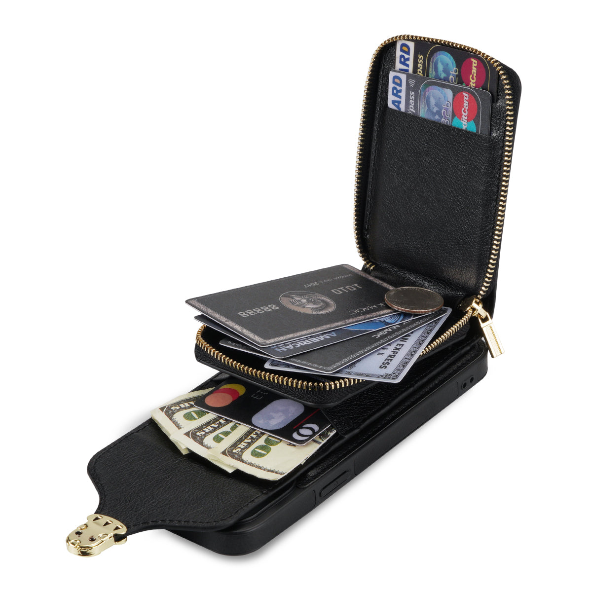 For iPhone 13 Pro 6.1 inch PU Leather + TPU Back Case Zipper Card Holder Kickstand Phone Cover with Shoulder Strap