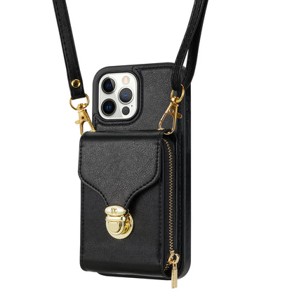 For iPhone 13 Pro 6.1 inch PU Leather + TPU Back Case Zipper Card Holder Kickstand Phone Cover with Shoulder Strap