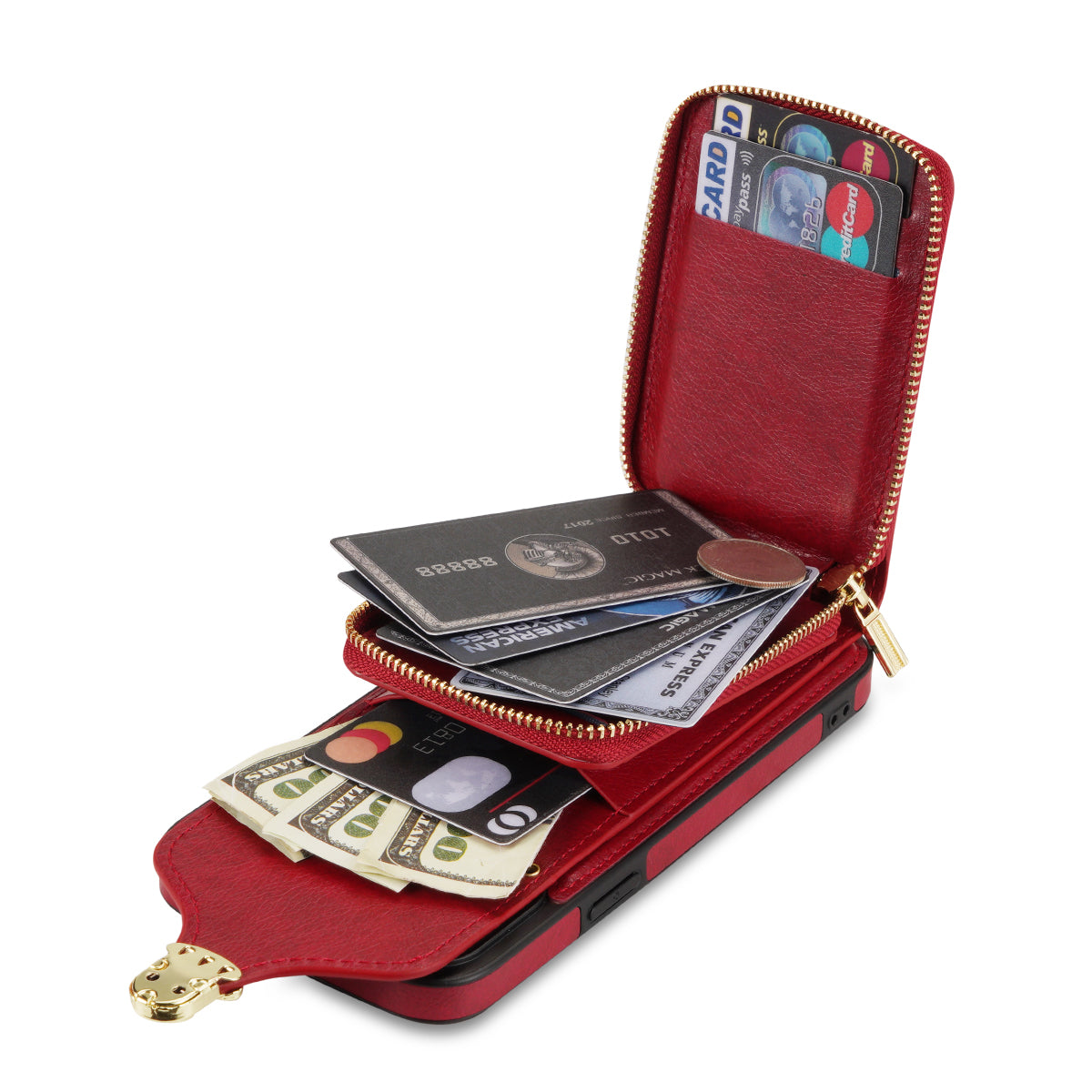 For iPhone 13 Pro 6.1 inch PU Leather + TPU Back Case Zipper Card Holder Kickstand Phone Cover with Shoulder Strap