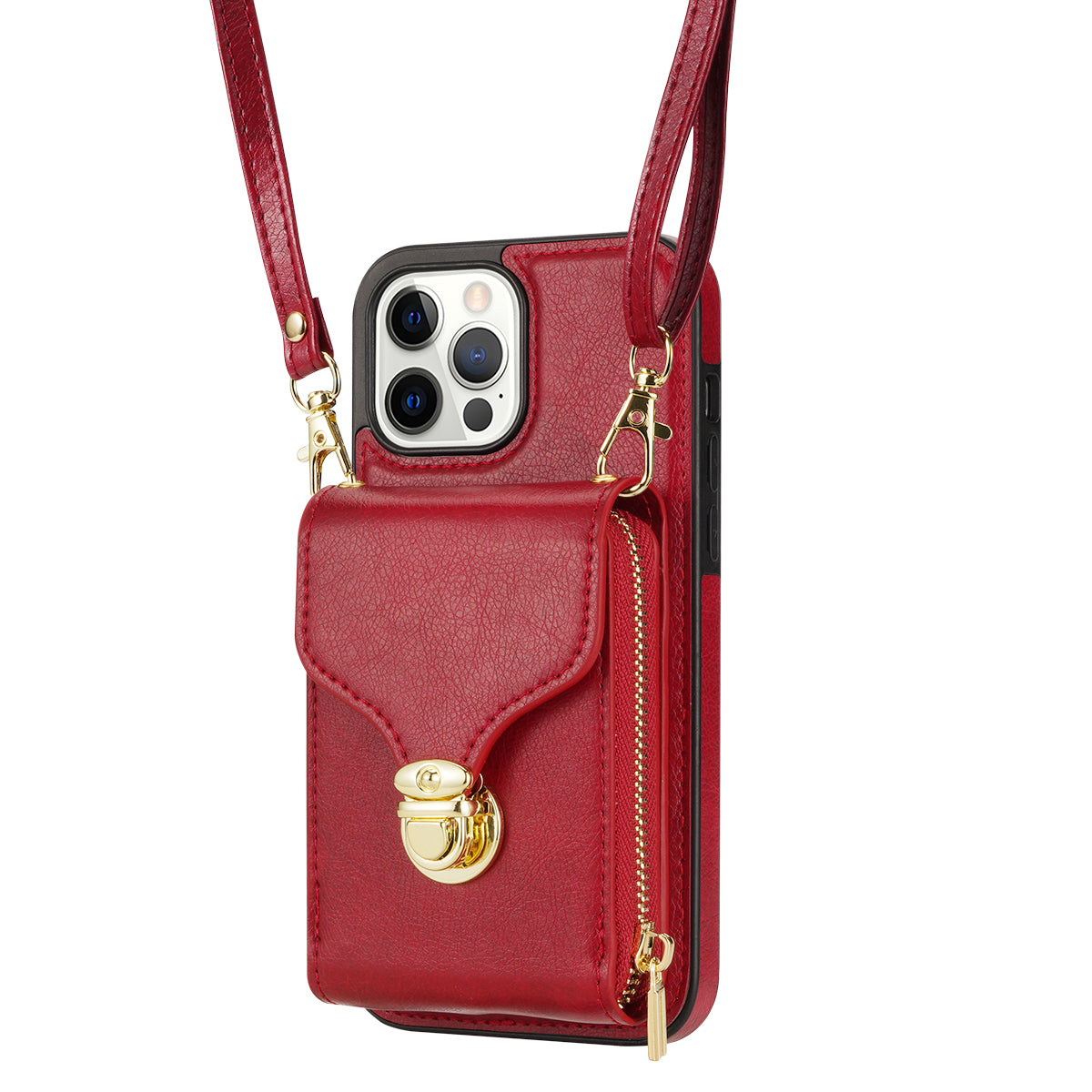 For iPhone 13 Pro 6.1 inch PU Leather + TPU Back Case Zipper Card Holder Kickstand Phone Cover with Shoulder Strap