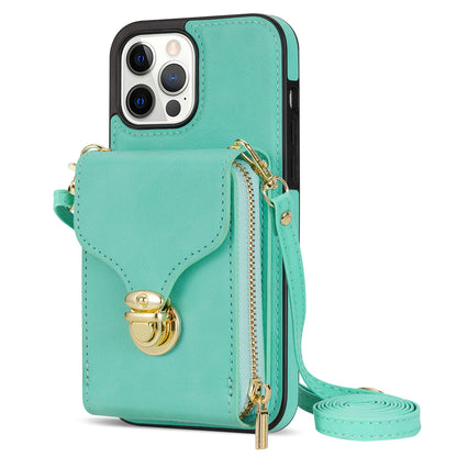 For iPhone 13 Pro 6.1 inch PU Leather + TPU Back Case Zipper Card Holder Kickstand Phone Cover with Shoulder Strap
