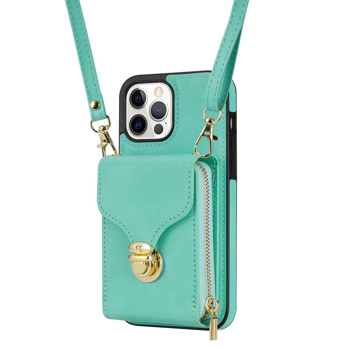 For iPhone 13 Pro 6.1 inch PU Leather + TPU Back Case Zipper Card Holder Kickstand Phone Cover with Shoulder Strap