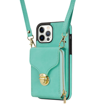 For iPhone 13 Pro 6.1 inch PU Leather + TPU Back Case Zipper Card Holder Kickstand Phone Cover with Shoulder Strap