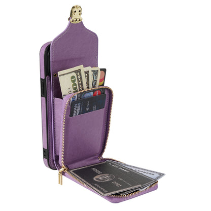 For iPhone 13 Pro 6.1 inch PU Leather + TPU Back Case Zipper Card Holder Kickstand Phone Cover with Shoulder Strap