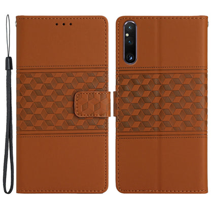 Phone Wallet Case for Sony Xperia 1 V , Imprinted Rhombus Leather Stand Phone Cover