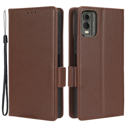 For Nokia C32 PU Leather Wallet Case Litchi Texture Stand Phone Cover with Strap