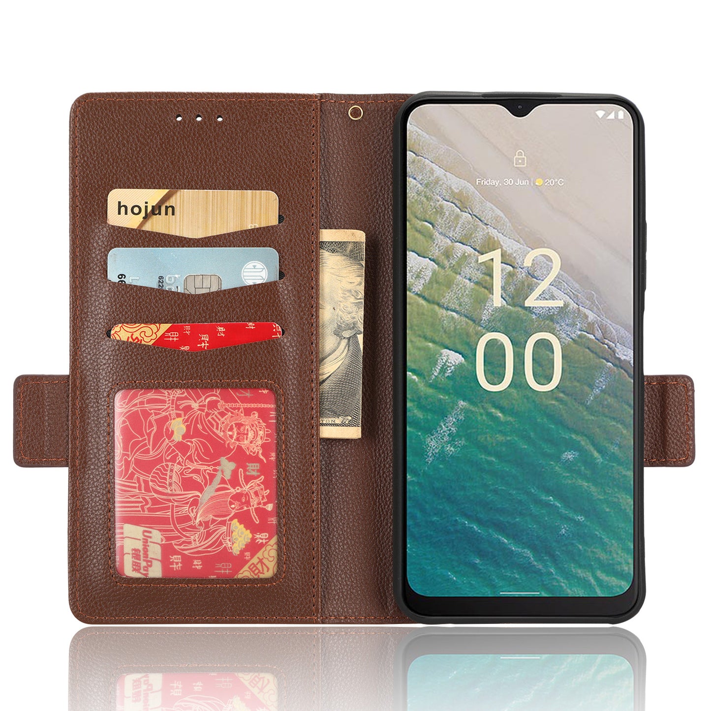 For Nokia C32 PU Leather Wallet Case Litchi Texture Stand Phone Cover with Strap