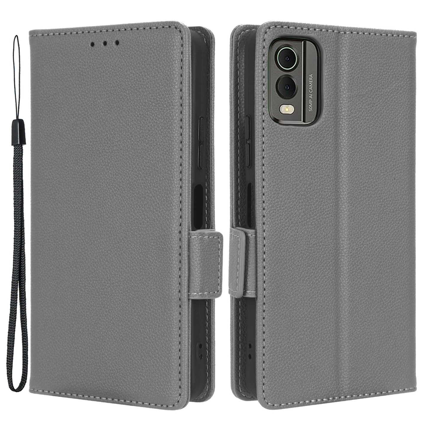 For Nokia C32 PU Leather Wallet Case Litchi Texture Stand Phone Cover with Strap