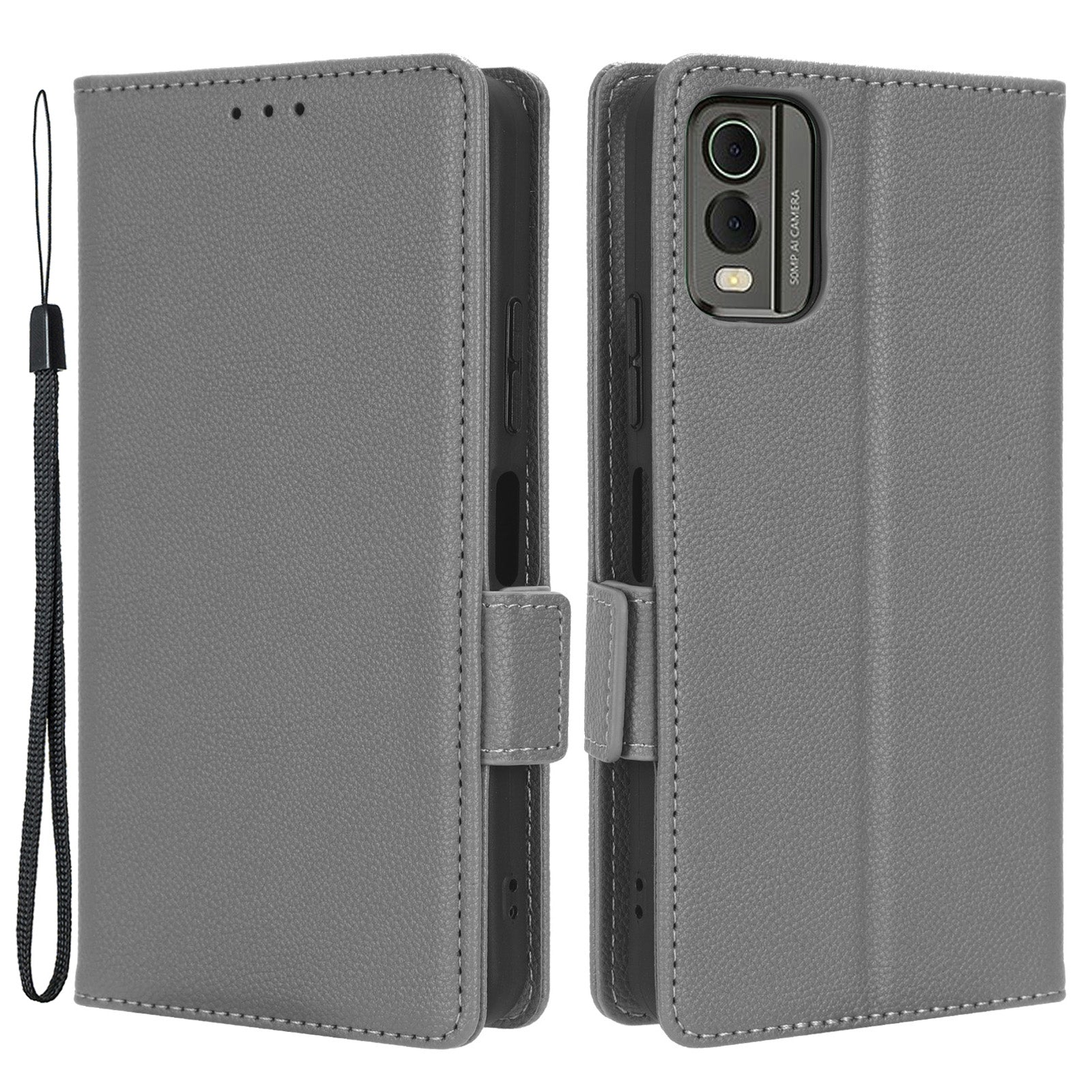 For Nokia C32 PU Leather Wallet Case Litchi Texture Stand Phone Cover with Strap