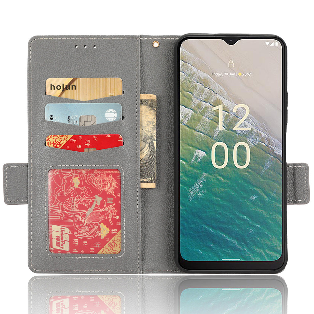 For Nokia C32 PU Leather Wallet Case Litchi Texture Stand Phone Cover with Strap