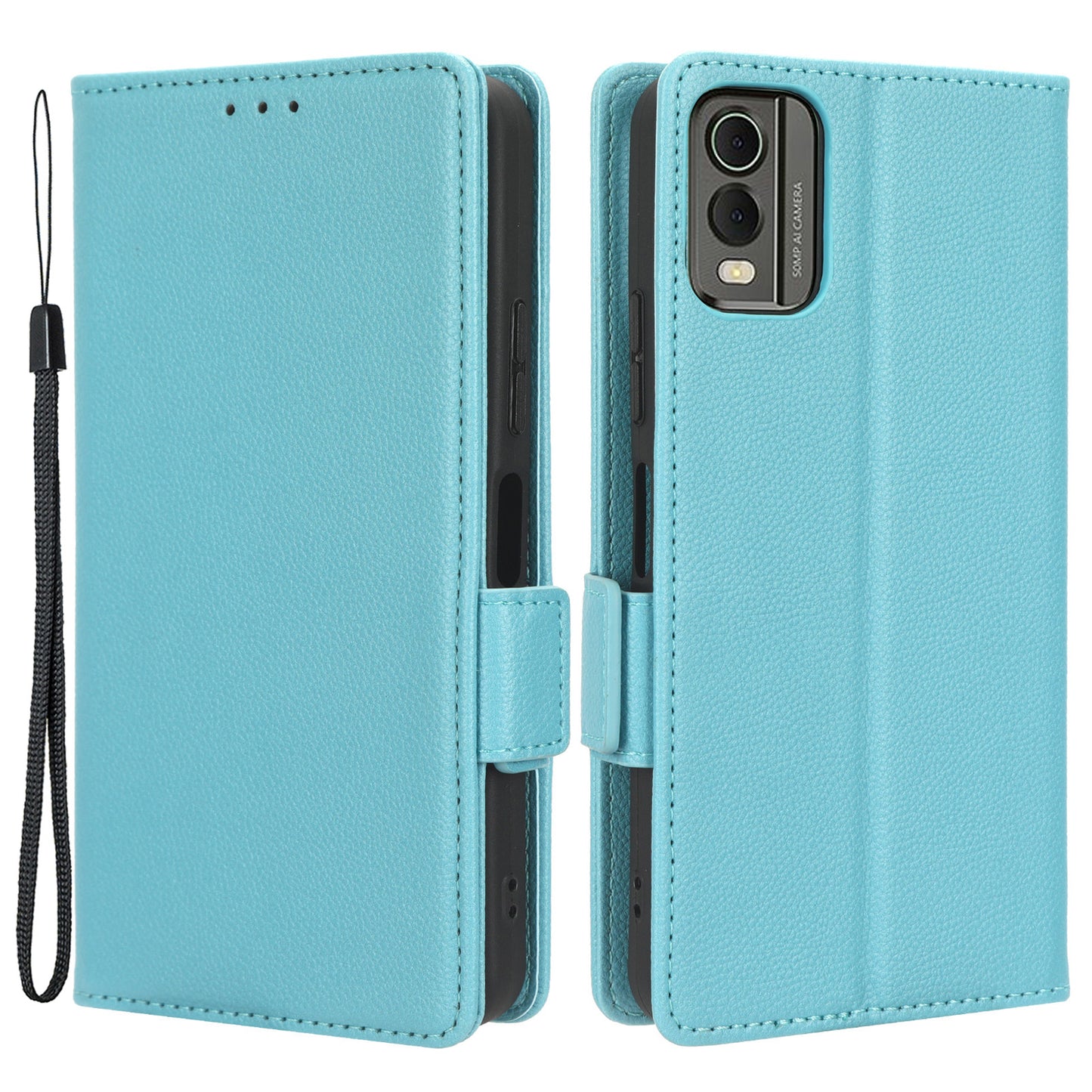 For Nokia C32 PU Leather Wallet Case Litchi Texture Stand Phone Cover with Strap