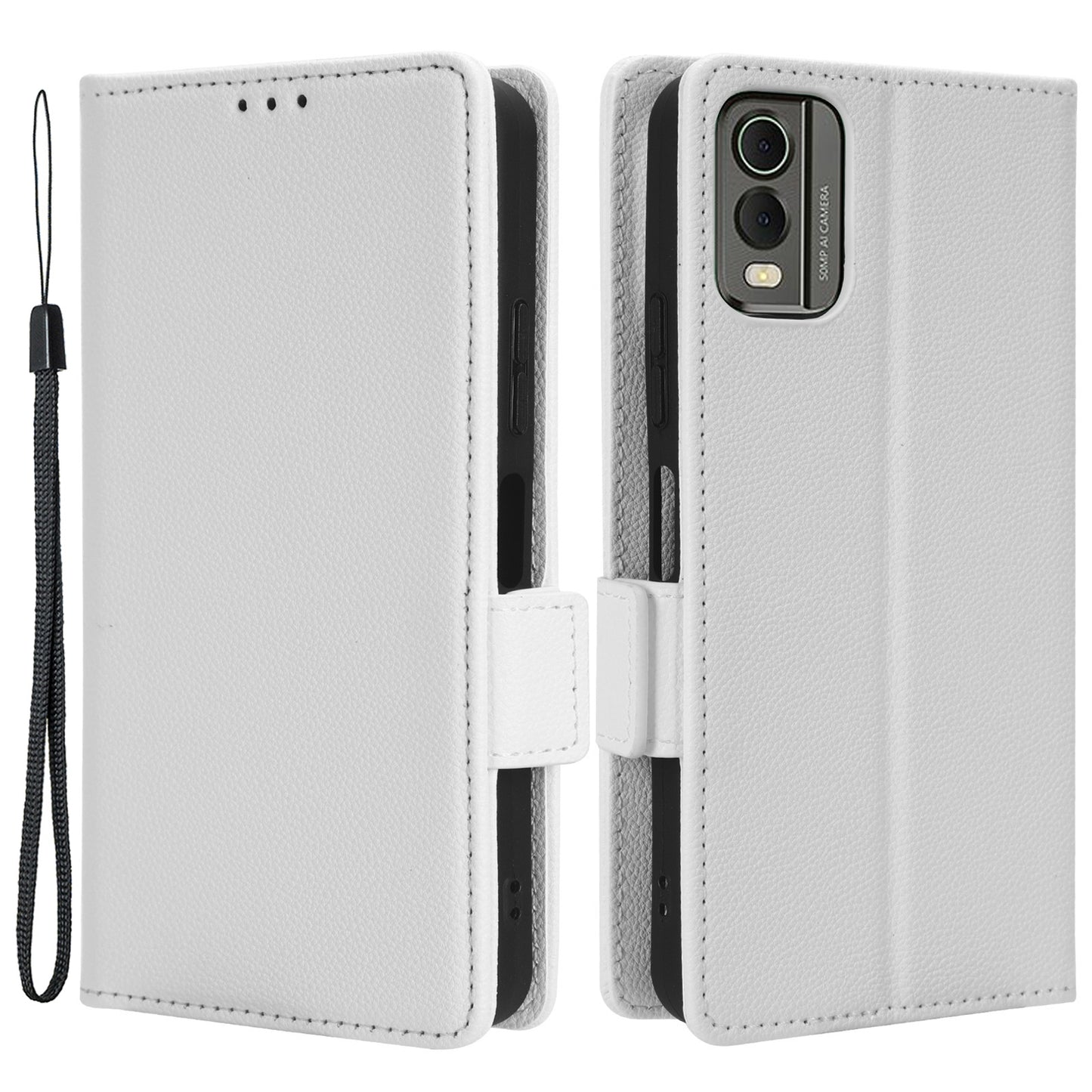 For Nokia C32 PU Leather Wallet Case Litchi Texture Stand Phone Cover with Strap