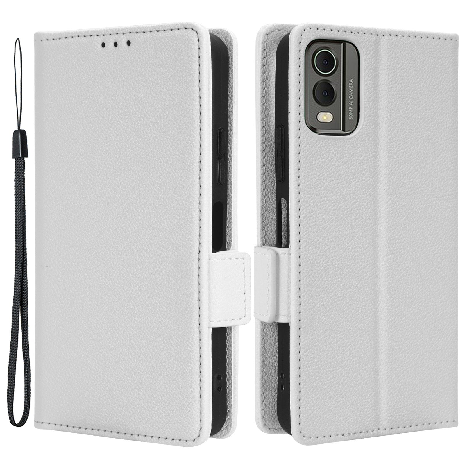 For Nokia C32 PU Leather Wallet Case Litchi Texture Stand Phone Cover with Strap