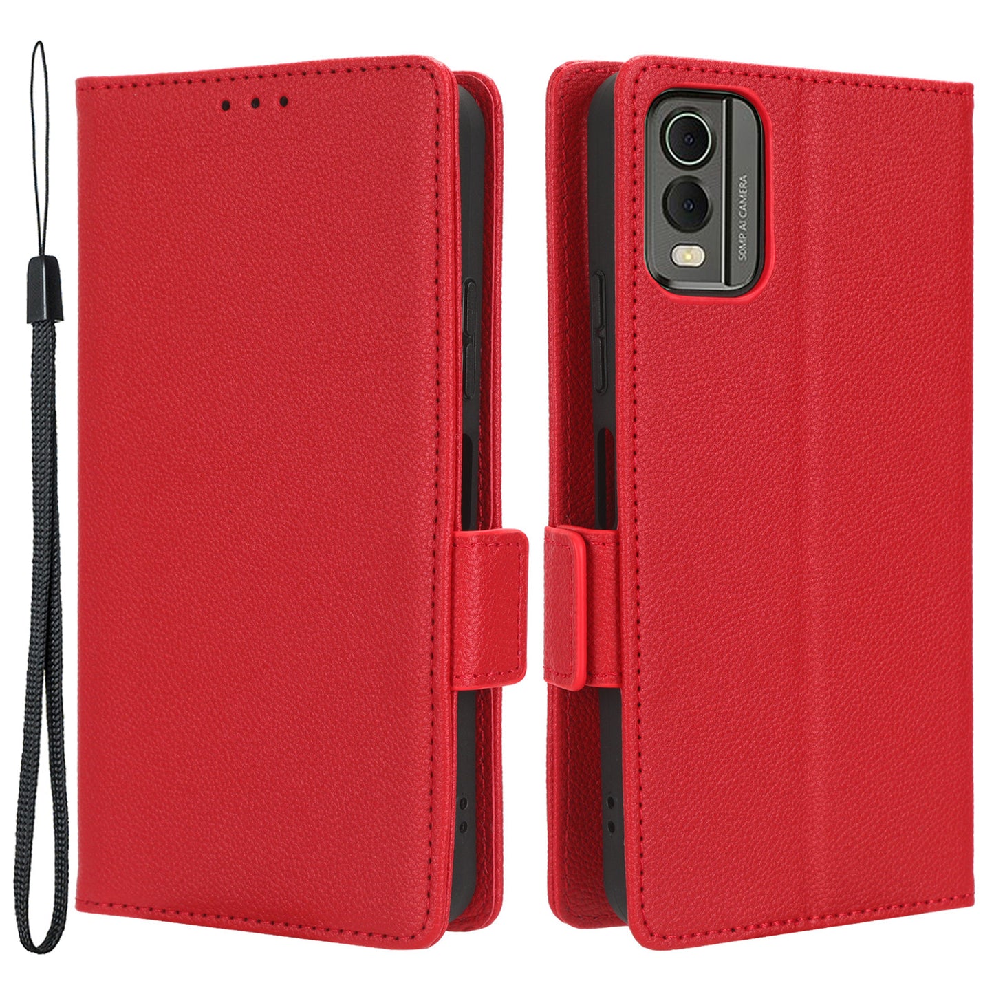 For Nokia C32 PU Leather Wallet Case Litchi Texture Stand Phone Cover with Strap