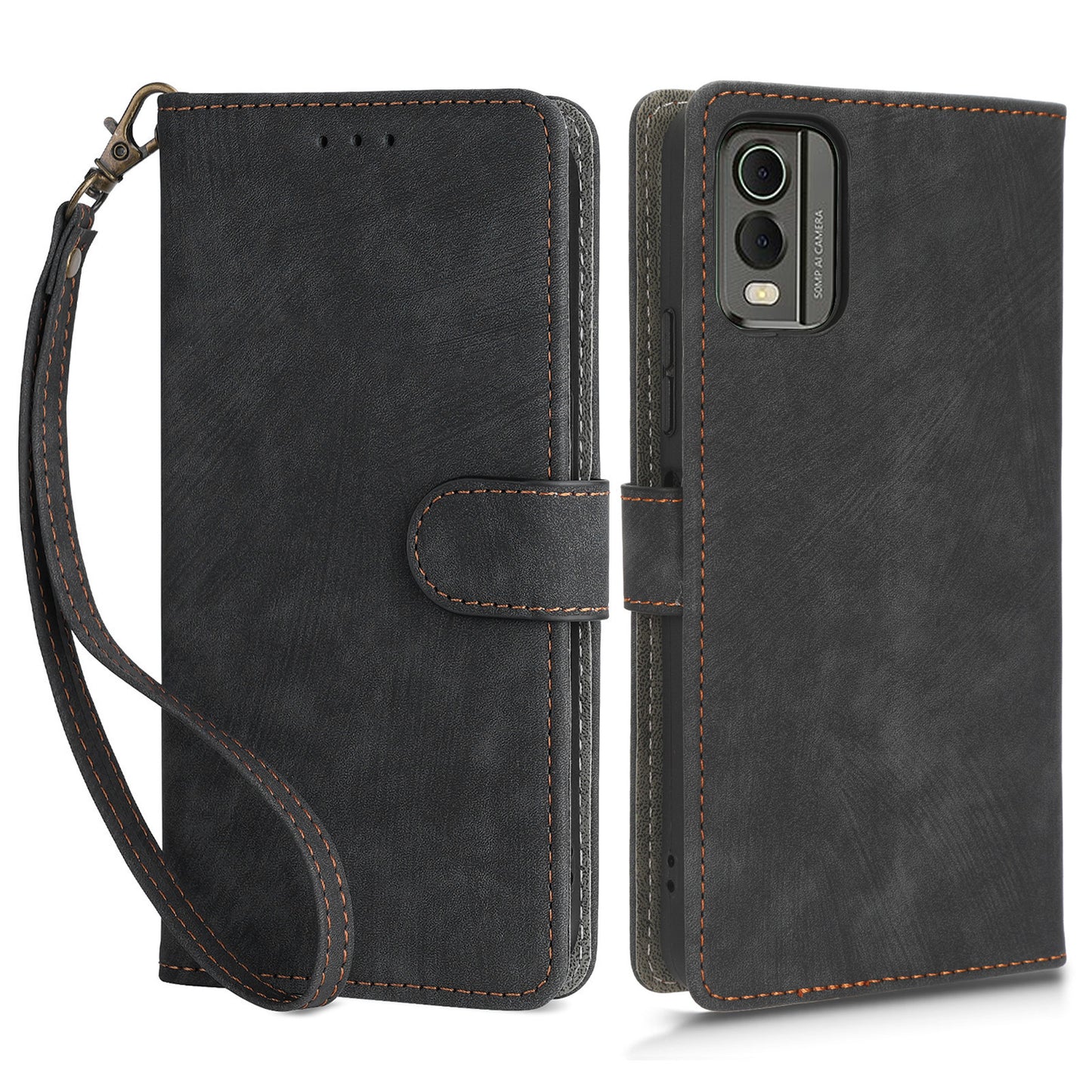 For Nokia C32 PU Leather Stand Phone Case RFID Blocking Wallet Cover with Strap