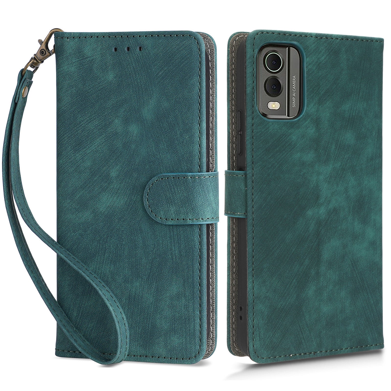 For Nokia C32 PU Leather Stand Phone Case RFID Blocking Wallet Cover with Strap