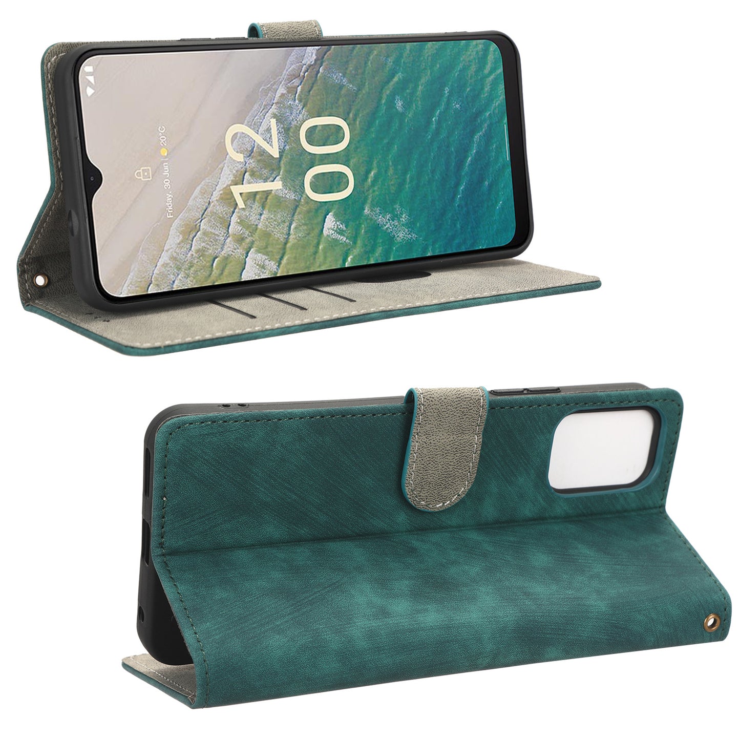 For Nokia C32 PU Leather Stand Phone Case RFID Blocking Wallet Cover with Strap