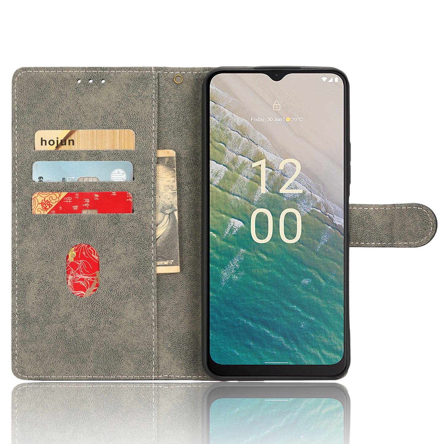 For Nokia C32 PU Leather Stand Phone Case RFID Blocking Wallet Cover with Strap