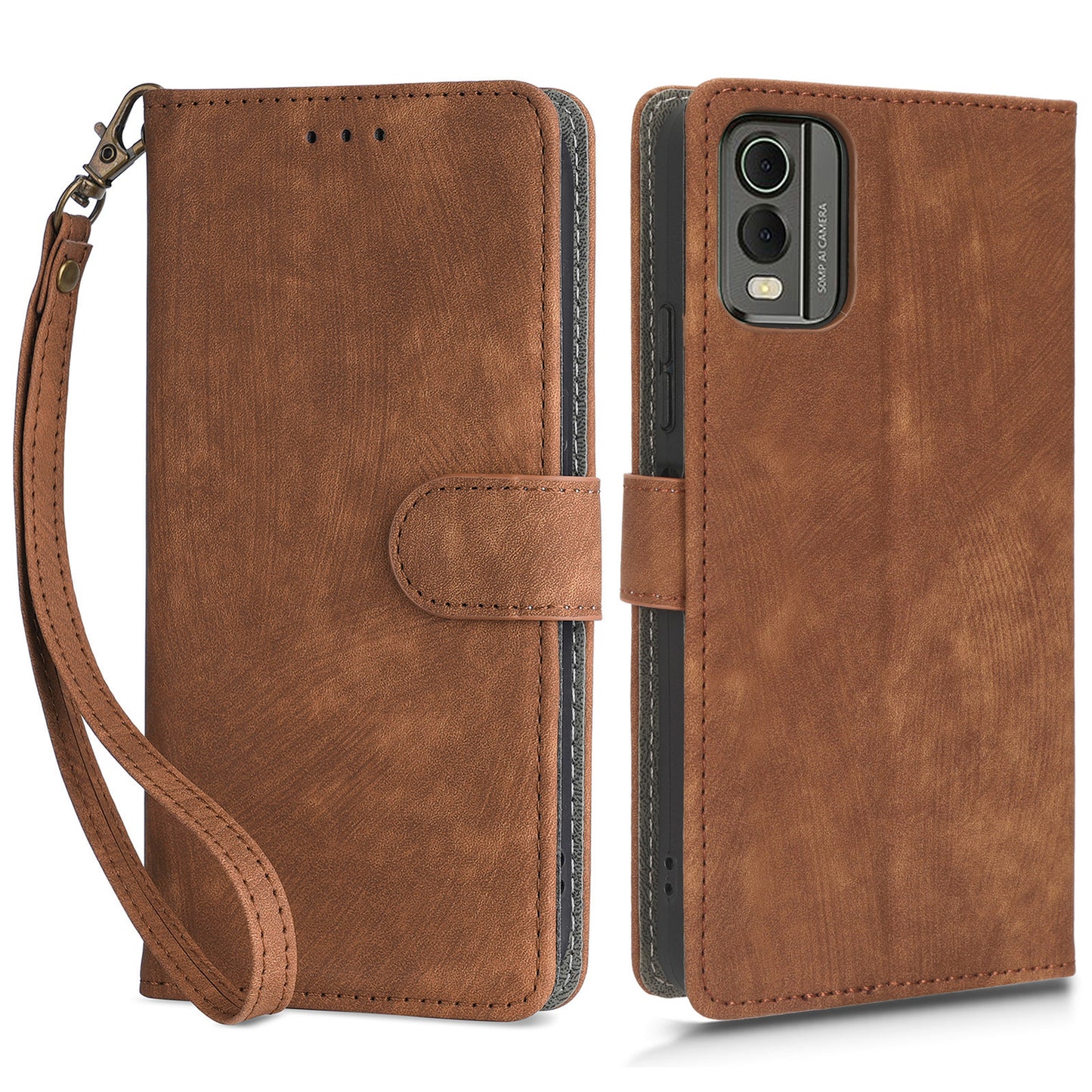 For Nokia C32 PU Leather Stand Phone Case RFID Blocking Wallet Cover with Strap