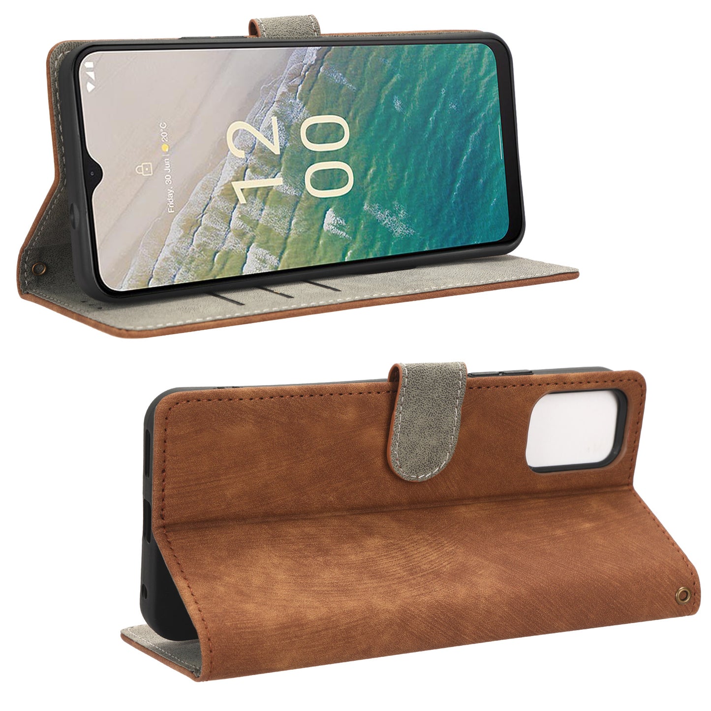 For Nokia C32 PU Leather Stand Phone Case RFID Blocking Wallet Cover with Strap