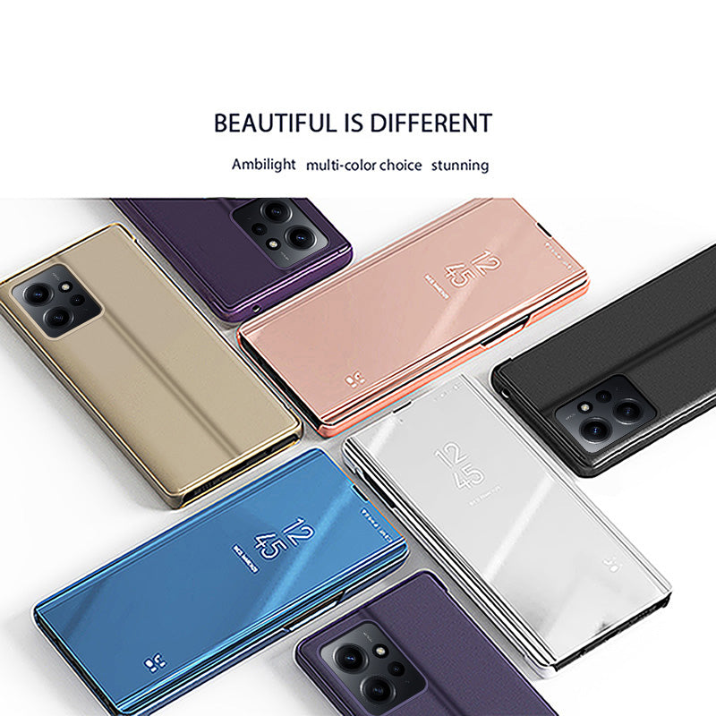 Leather Case for Xiaomi Redmi Note 12 4G Stand Shell View Window Mirror Electroplating Phone Cover