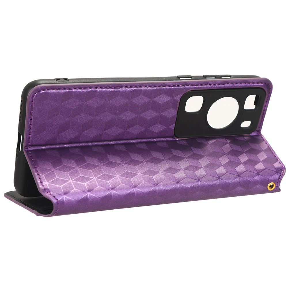 For Huawei P60 / P60 Pro Rhombus Imprint PU Leather Phone Case Flip Stand Wallet Cover