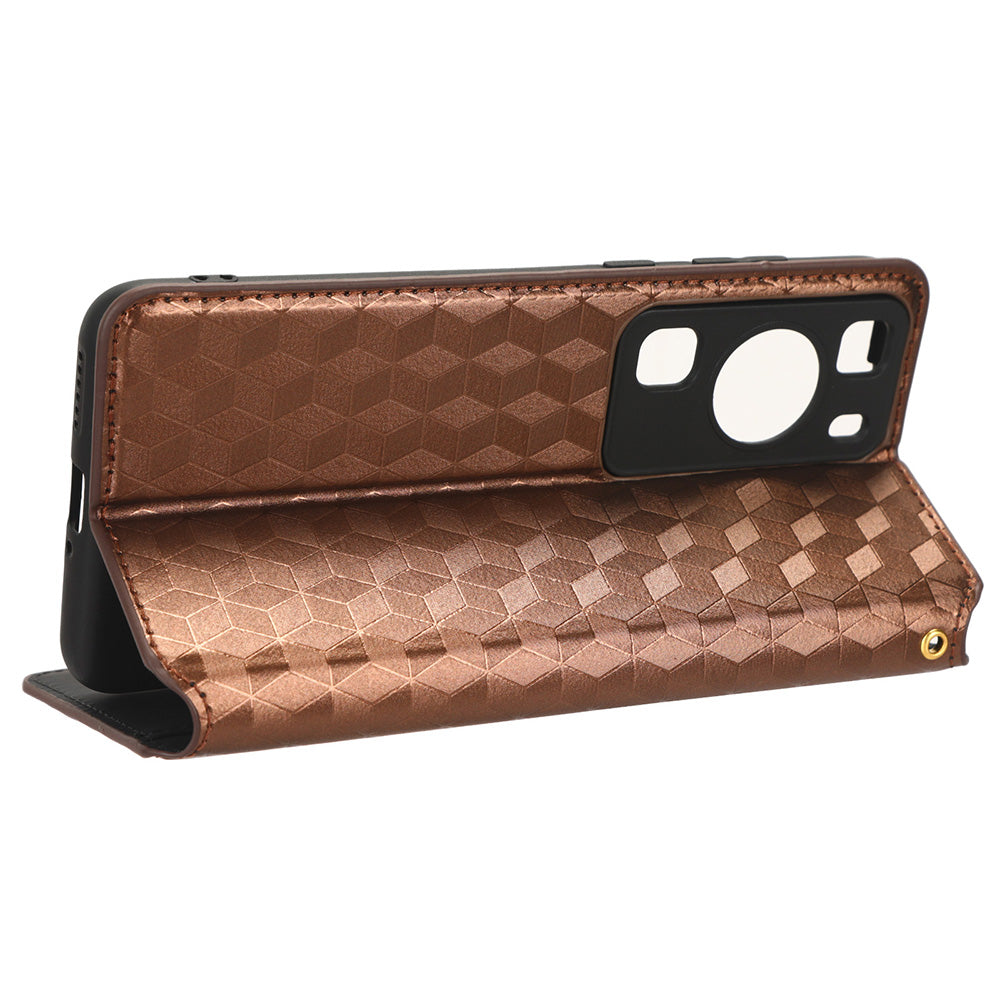 For Huawei P60 / P60 Pro Rhombus Imprint PU Leather Phone Case Flip Stand Wallet Cover