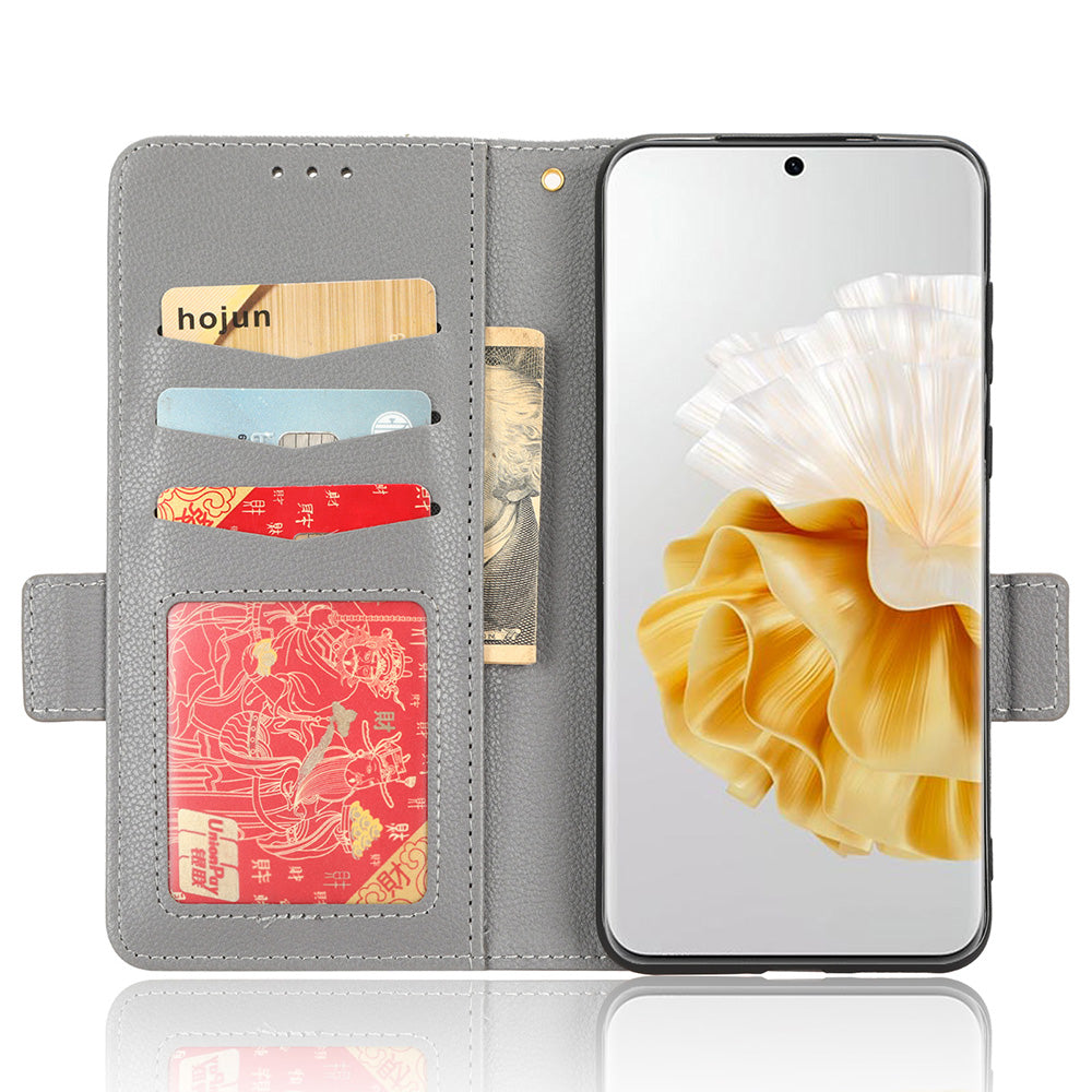 For Huawei P60 / P60 Pro Litchi Texture PU Leather Wallet Protective Case Stand Phone Cover with Strap