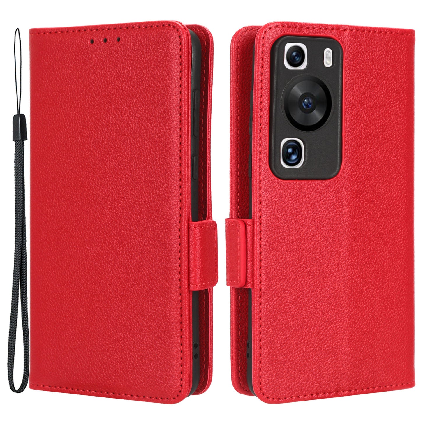For Huawei P60 / P60 Pro Litchi Texture PU Leather Wallet Protective Case Stand Phone Cover with Strap